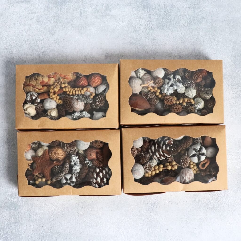 Dekorační box s přírodními plody – mix putka, bellgum, canella, ježek a paras pro aranžování a DIY dekorace